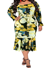 Floral Print Flounce Sleeve Square Neck Midi Dress
