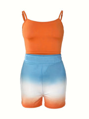 Tank Top & Ombre Print Shorts & Vest Coat Outfits Three Piece Set