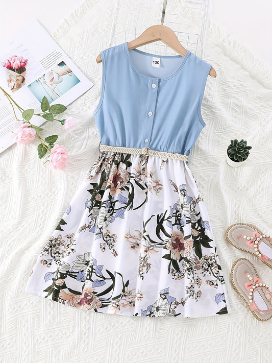 Girls' Floral Skirt & Tank Top Patchwork Dress