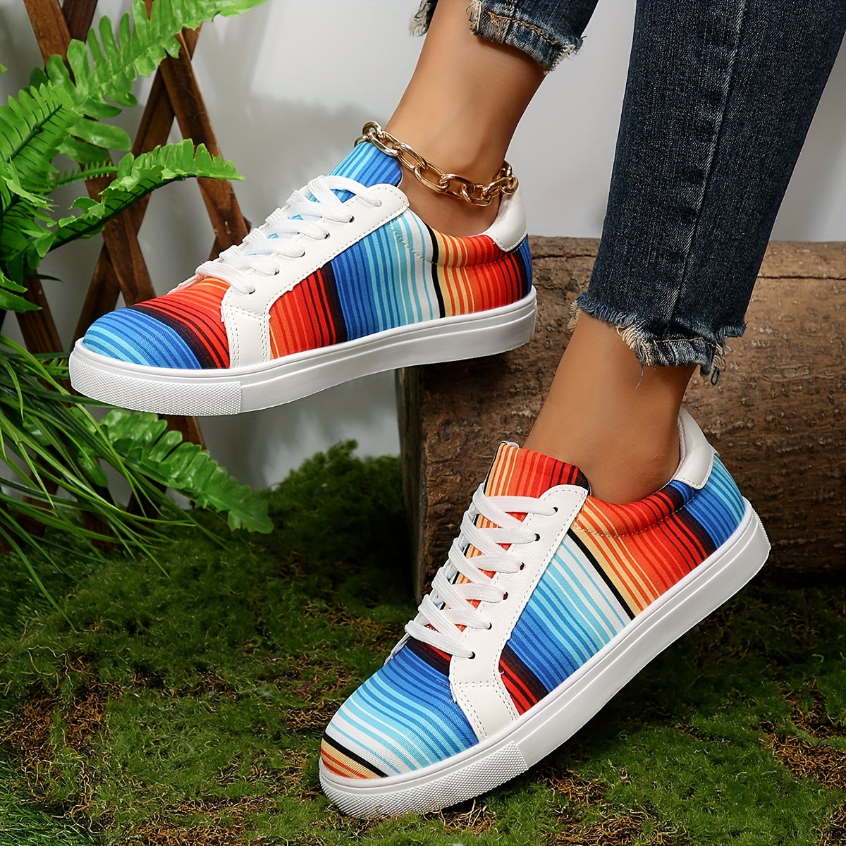 Colorful Striped Canvas Shoes Low Top Flat Walking Sneakers