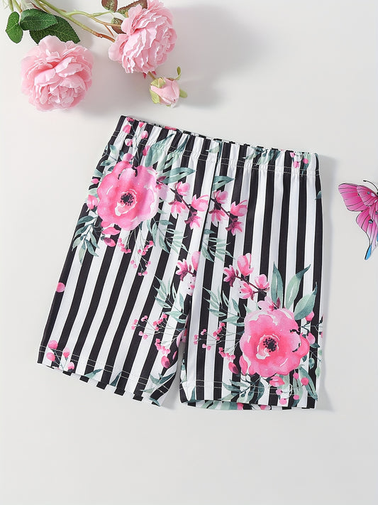 Girls' Striped Flower Print Thin Casual Shorts