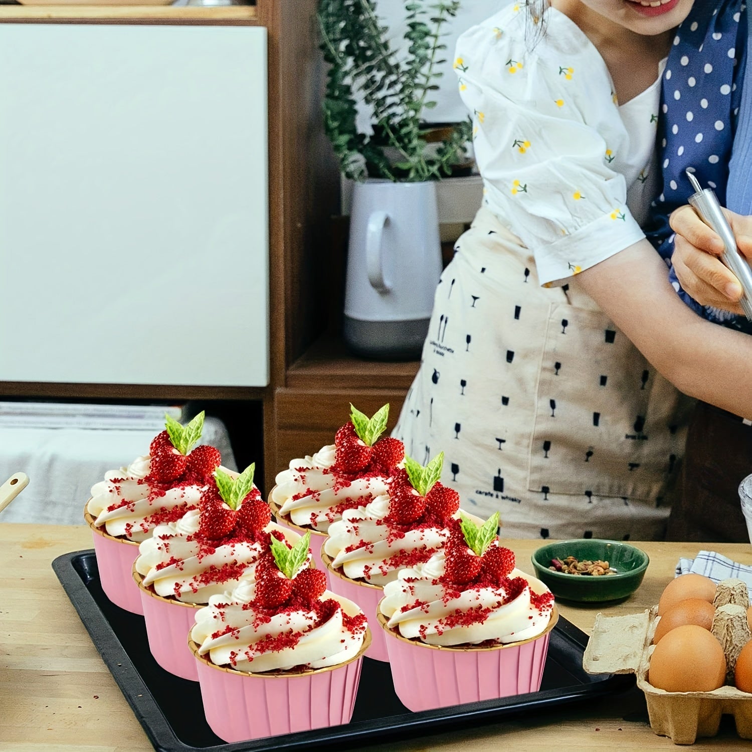 50pcs Disposable Muffin Cups With Lids, Spoons and Glossy Cupcake Liners