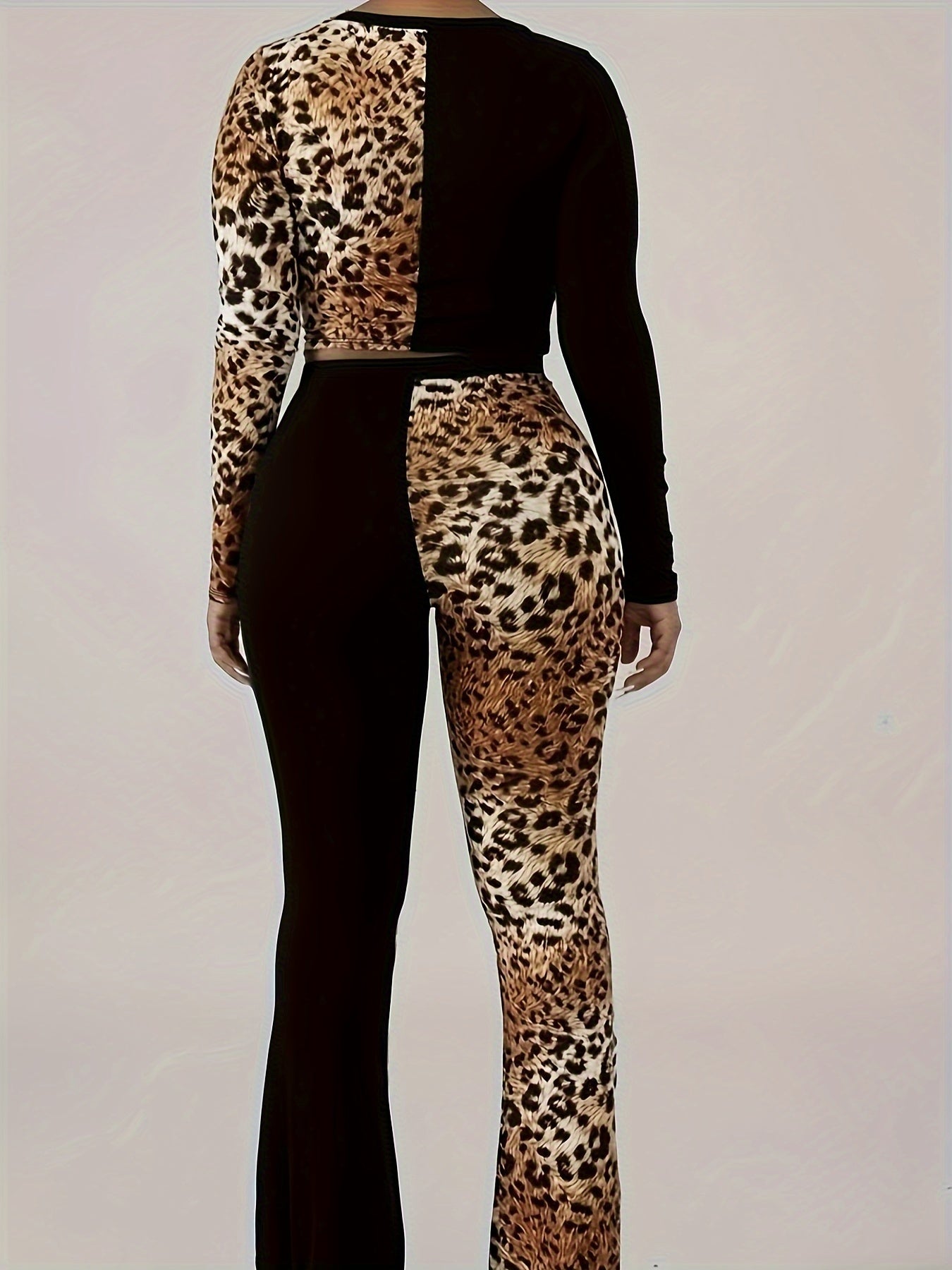  Colorblock Leopard Print Top & Pants 2 Piece Set