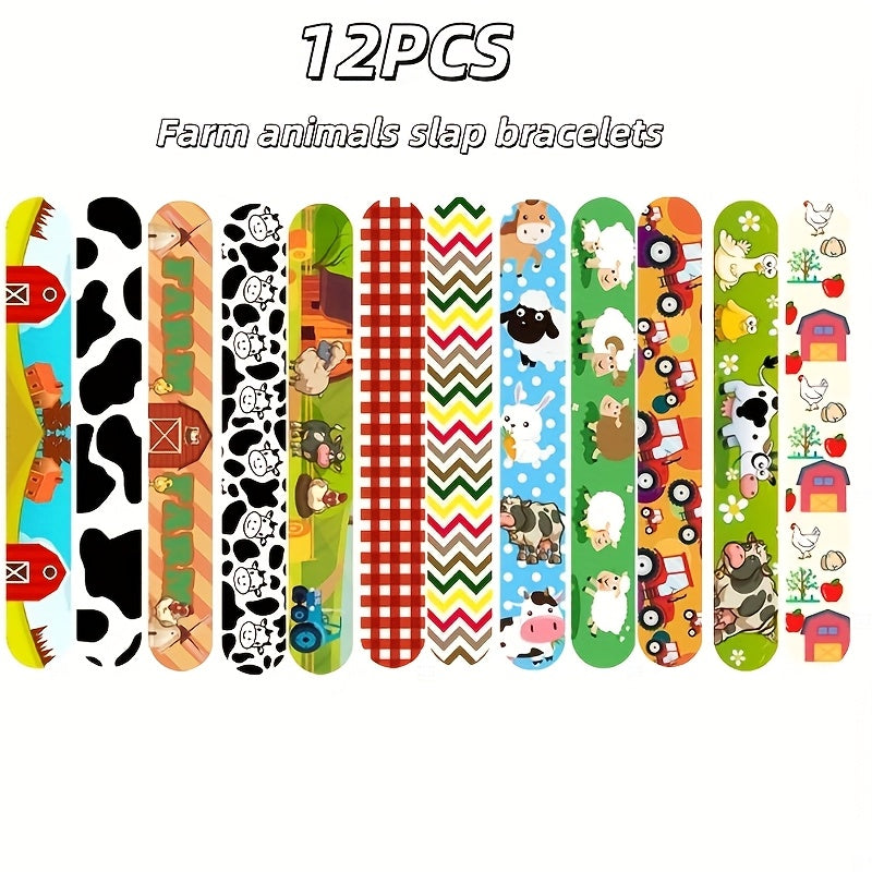 24pcs Farm Animal Slap Bracelets for Kids - Cow Pig Chicken Tractor Designs