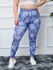  Geometric & Denim Print High Rise Fitness Leggings Women's Plus