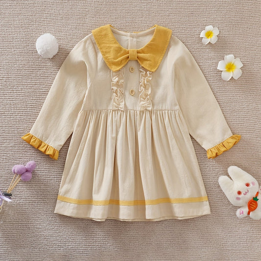 Ruffle Trim Long Sleeve Baby Girls Pleated Dress