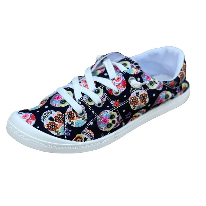 Women's Skull Pattern Canvas Shoes Low Top Lace Up Round Toe Flat Casual Shoes