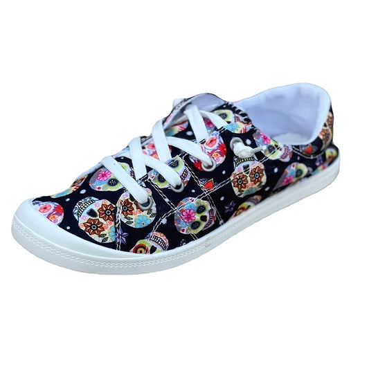 Women's Skull Pattern Canvas Shoes Low Top Lace Up Round Toe Flat Casual Shoes