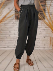  Retro Pants Women's Plus Solid Button Decor Elastic High Rise Trousers