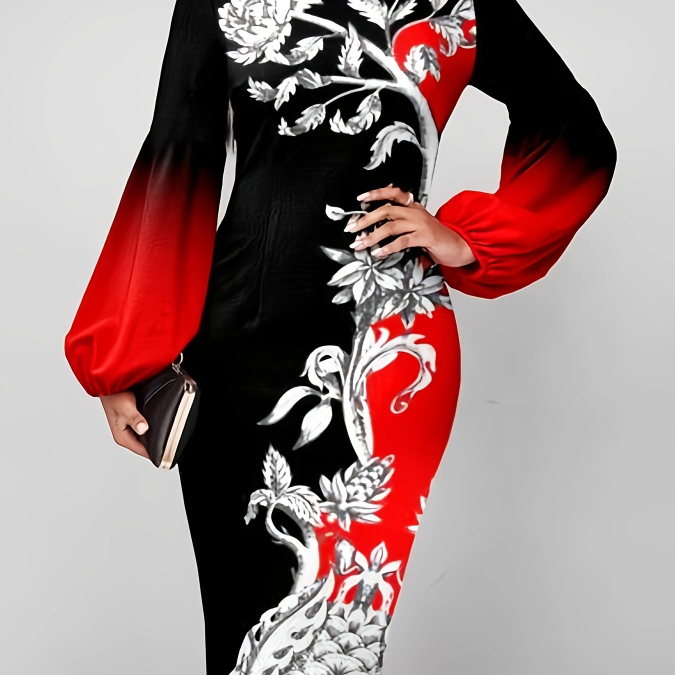  Colorblock Floral Print Lantern Sleeve Midi Dress