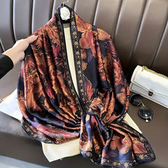 Vintage Rose Print Wine Red Silk Shawl Head Wrap Beach Towel