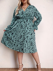  Leopard Print Lantern Sleeve Surplice Neck Dress