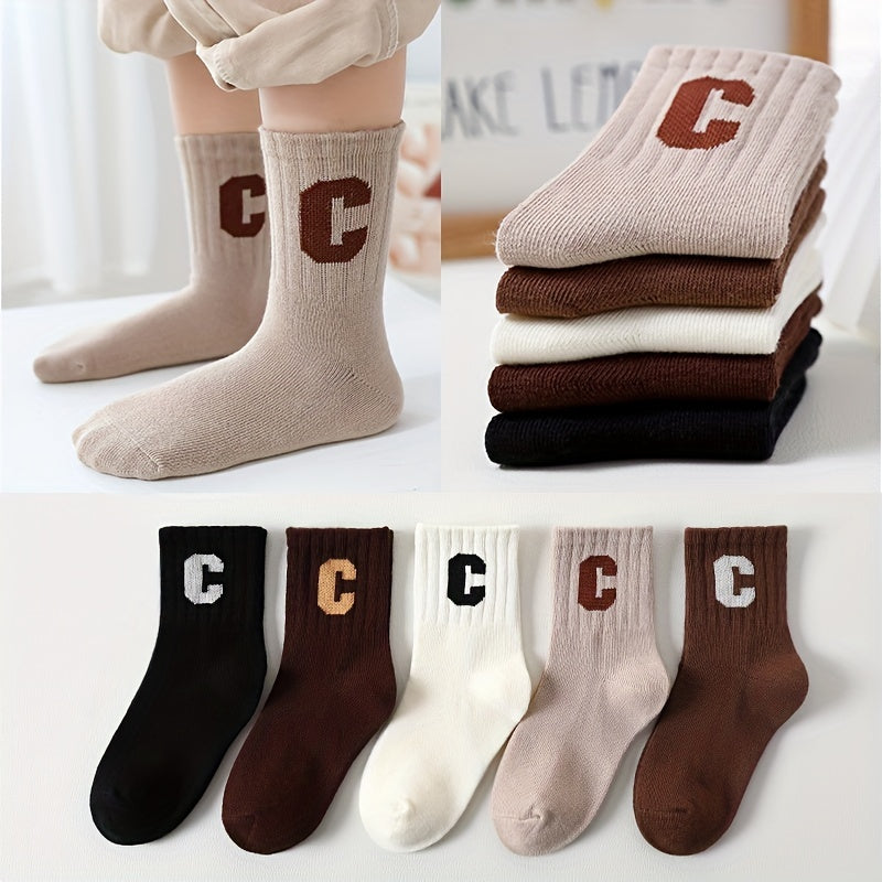 5 Pairs Kids Letter C Print Crew Socks Breathable