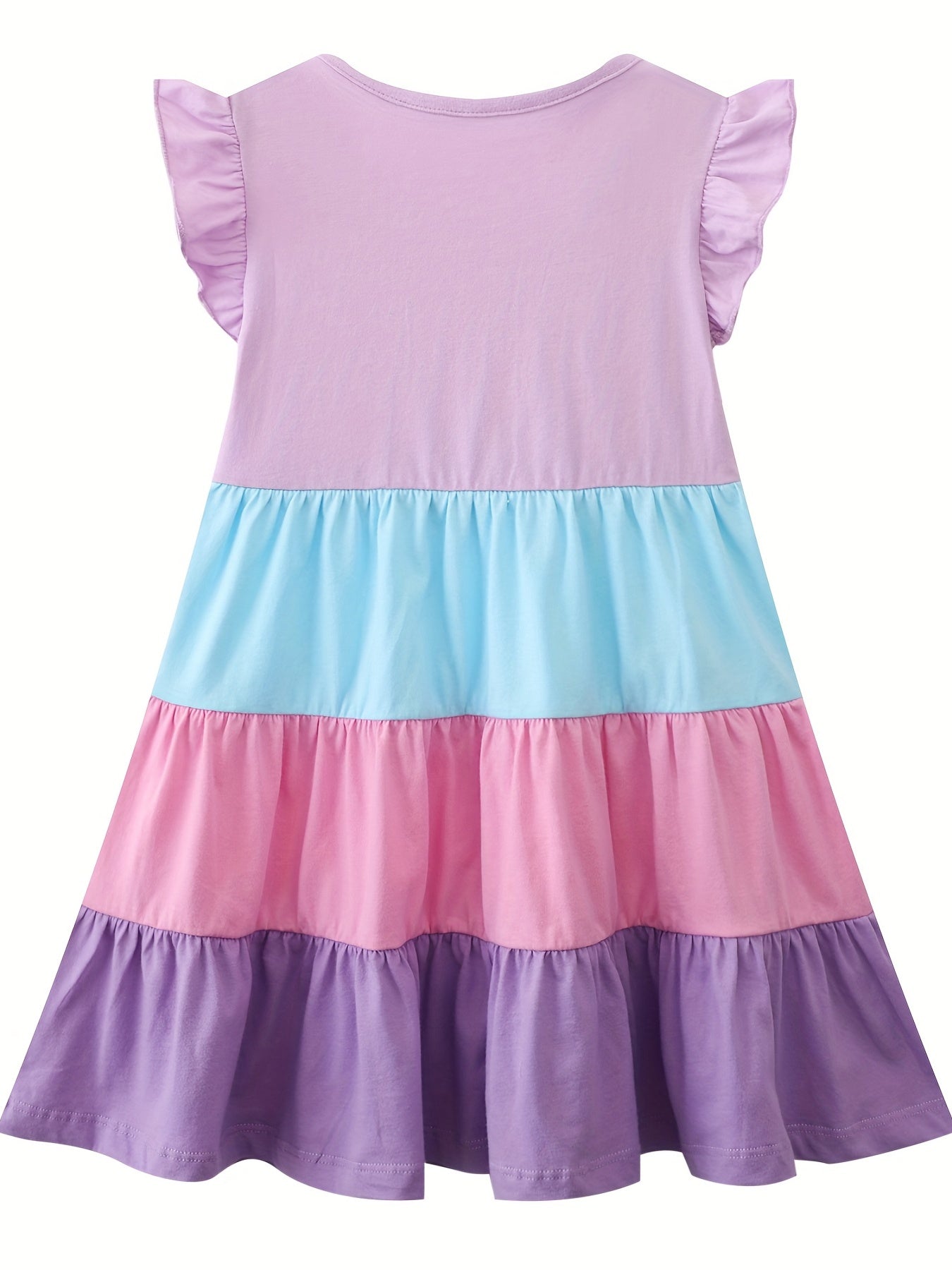 Girls Ruffled Sleeves Crew Neck Block Cotton Loose Dress