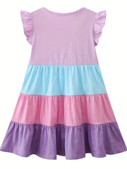 Girls Ruffled Sleeves Crew Neck Block Cotton Loose Dress