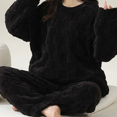 Solid Fuzzy Lounge Set Crew Neck Top & Pants Women's Loungewear