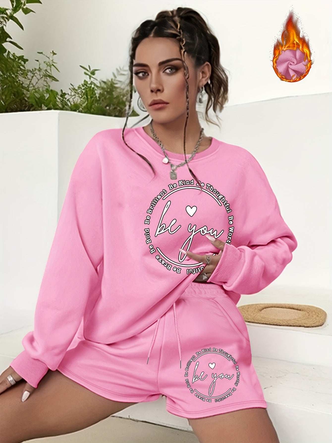  Slogan & Heart Print Sweatshirt & Shorts Set