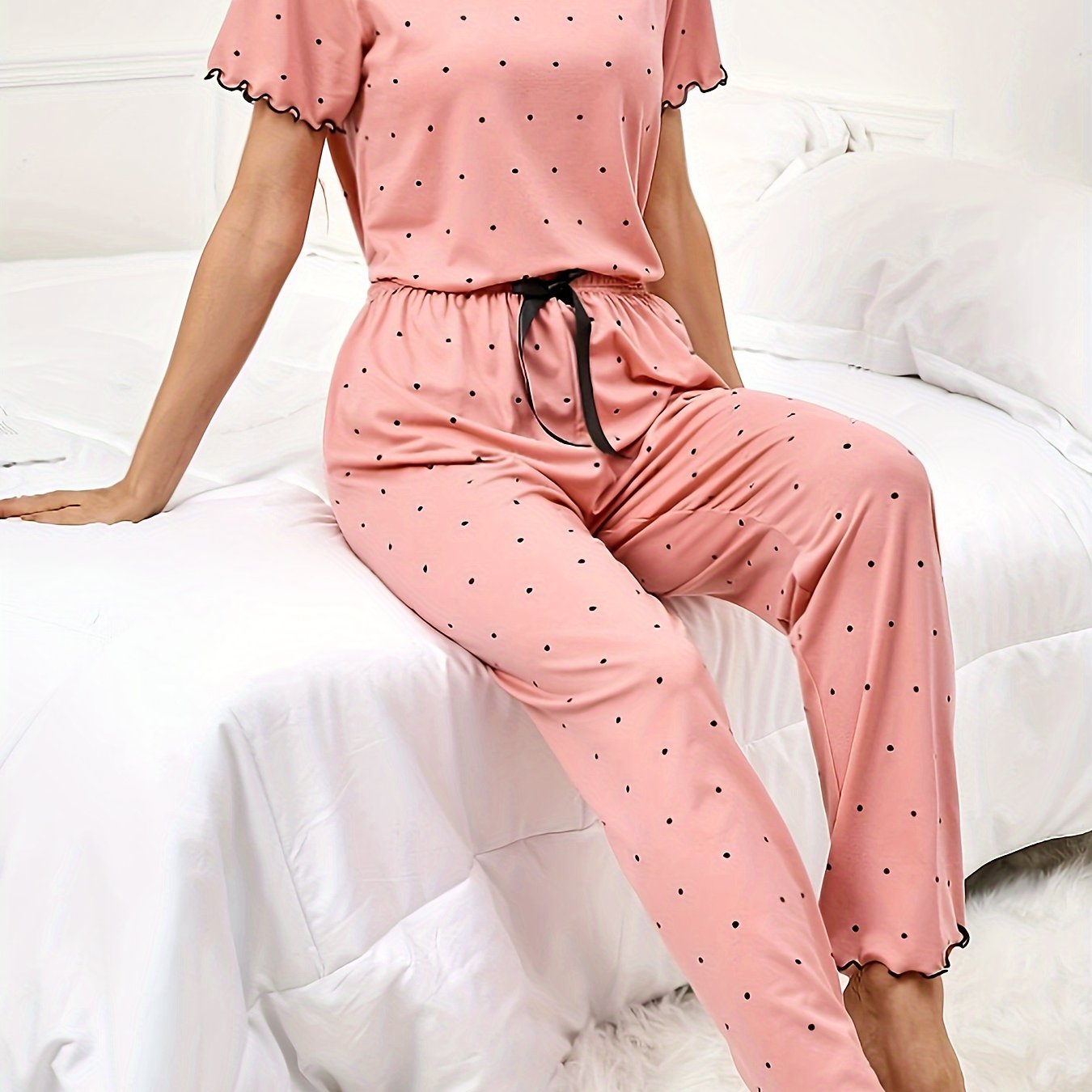Polka Dot Print Pajama Set Short Sleeve Top & Elastic Waistband Pants