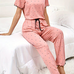 Polka Dot Print Pajama Set Short Sleeve Top & Elastic Waistband Pants