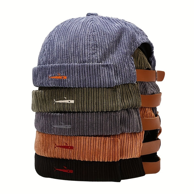 Cotton Brimless Beanie Cap Corduroy Sailor Hat Small Fish Pattern Unisex