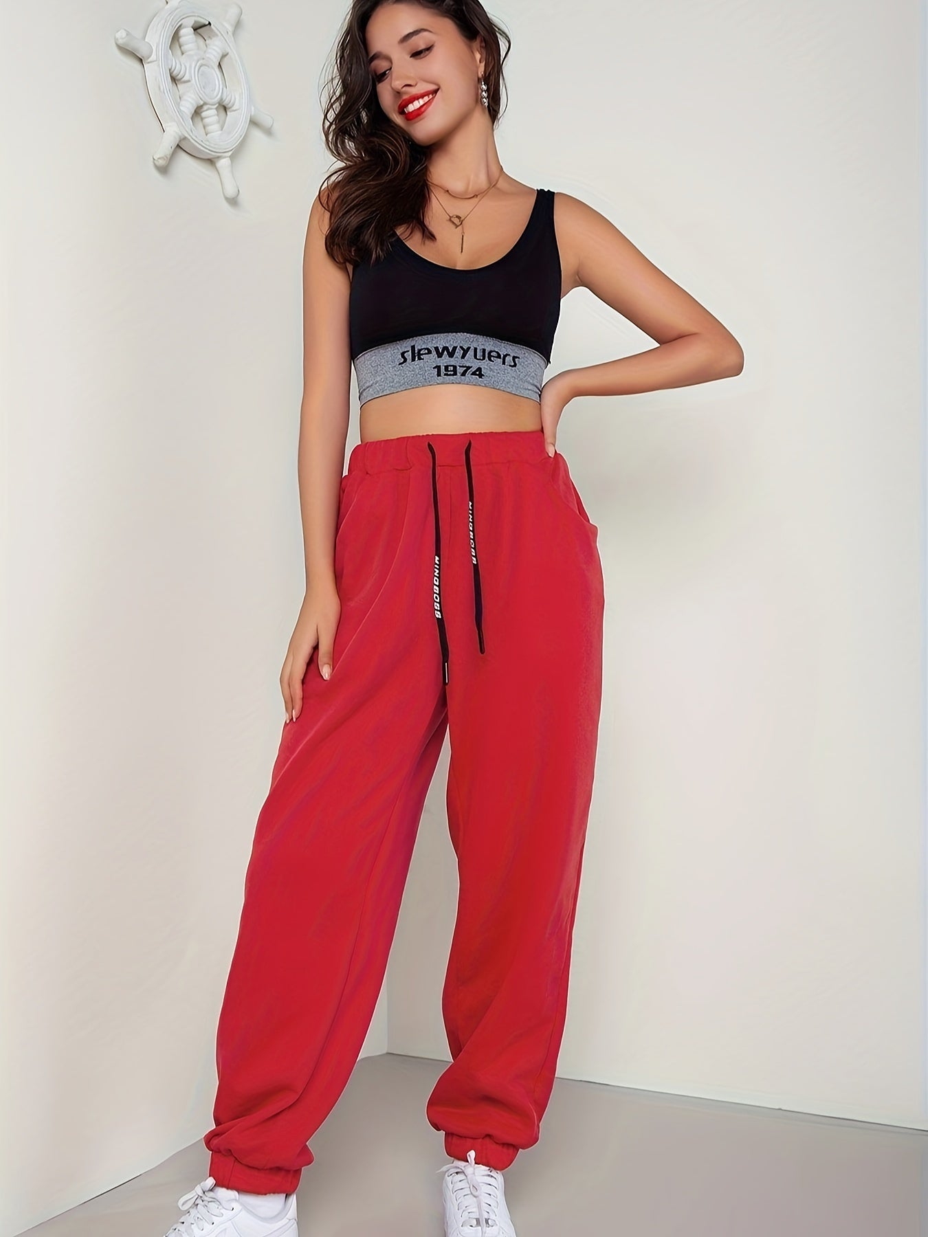 Women's Plus Solid Elastic Drawstring Sports Joggers