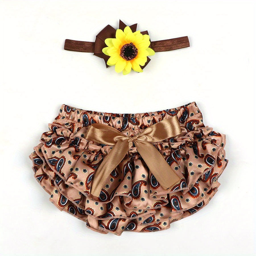 2pcs Baby Shorts Cashew Flower Satin PP Pants Sunflower Headband Set