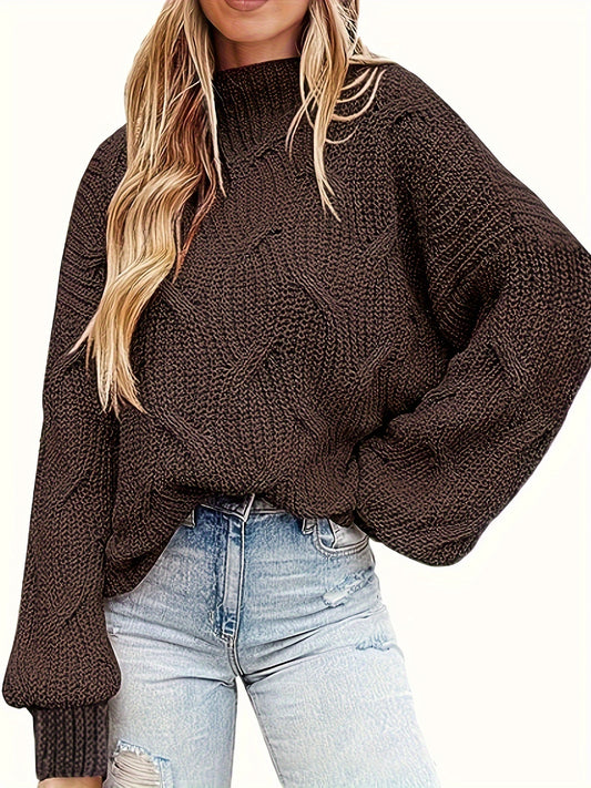 Plus Solid Cable Lantern Sleeve High Neck Sweater