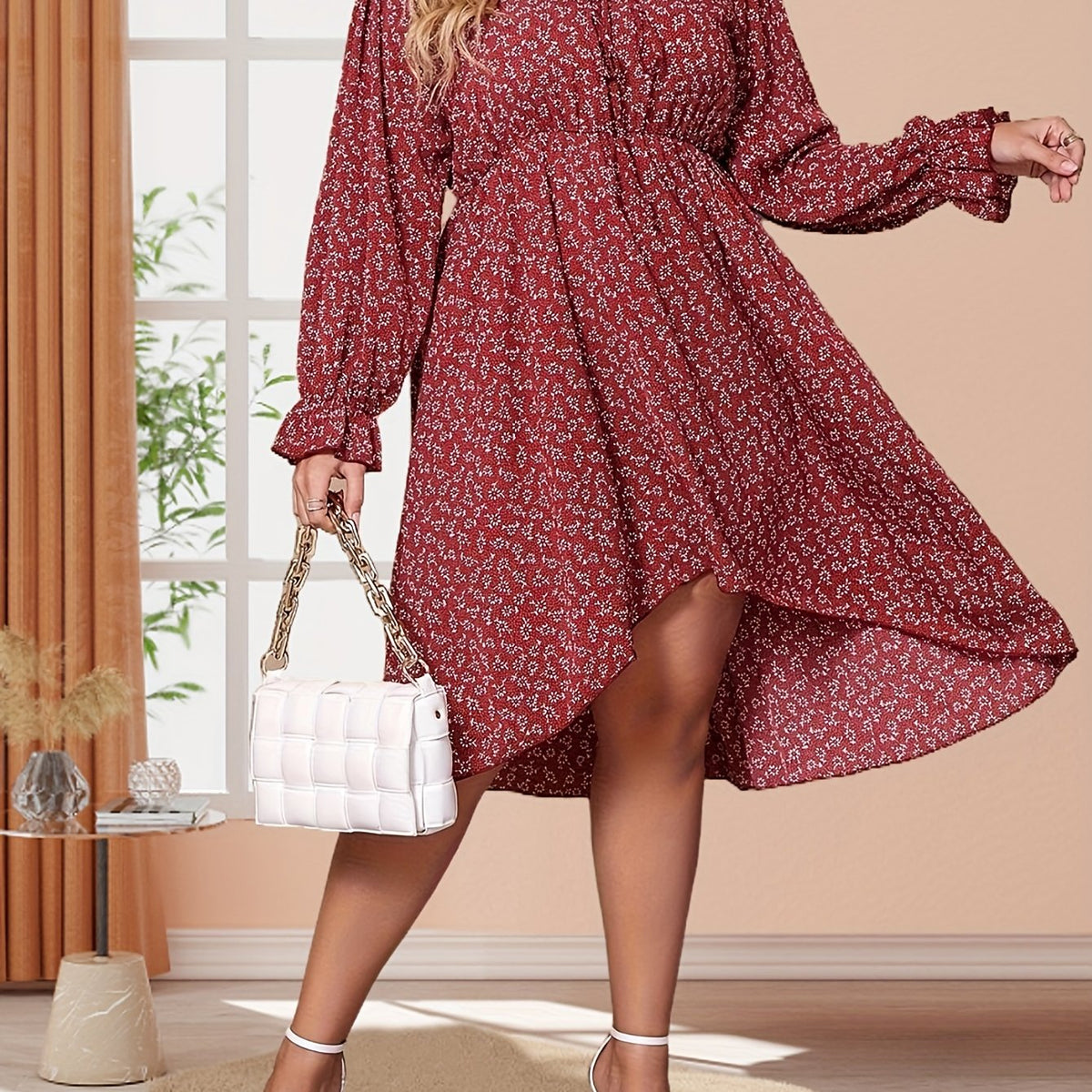  Boho Dress Women's Plus Floral Ruffle Trim Tie Front Summer Dress