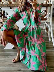  Floral Print Bell Sleeve V Neck Smock Dress