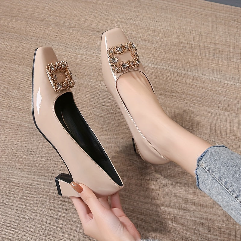 Rhinestone Chunky Heel Square Toe Patent Leather Pumps