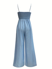 Solid Spaghetti Wide Leg Jumpsuit Backless