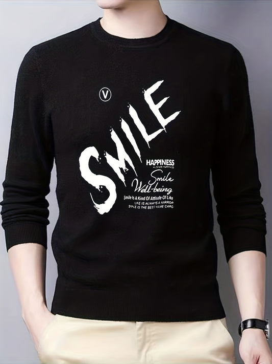 Smile Knitted Sweater Men's Casual Warm Crew Neck Pullover for Fall Winter