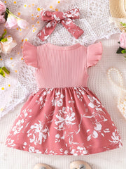 Baby Girls Casual Floral Print Dress & Headband Set