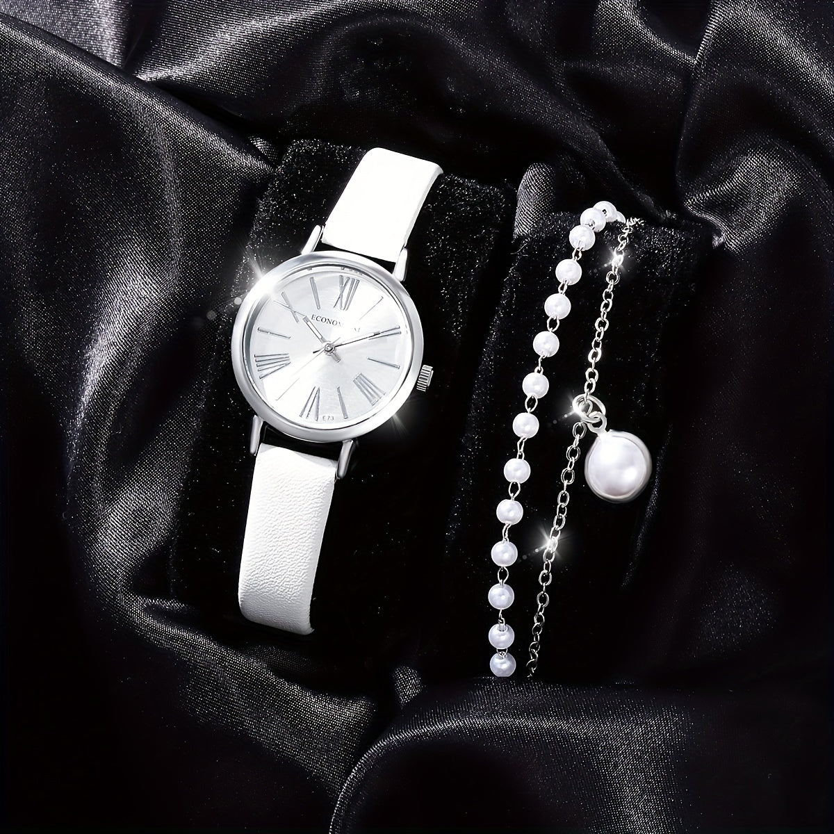 Alloy Round Quartz Watch & Rhinestone Bead Bracelet Set