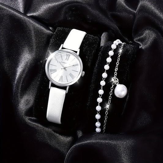 2pcs Student Number Roman Pointer Leather Quartz Watch Set