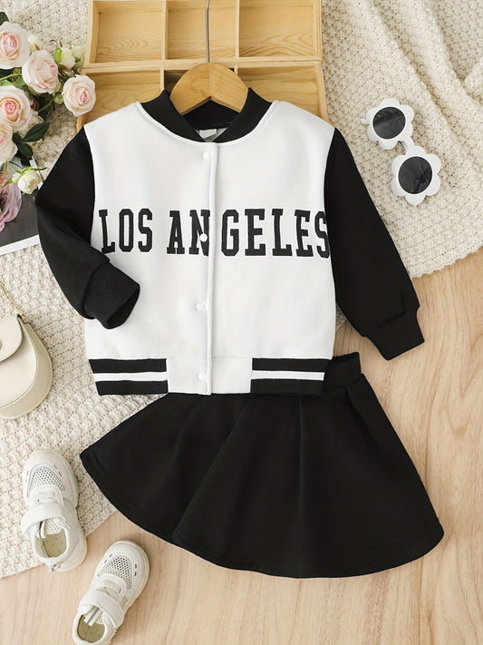 Toddler Girls Preppy Style Baseball Coat & Pleated Skirt Set