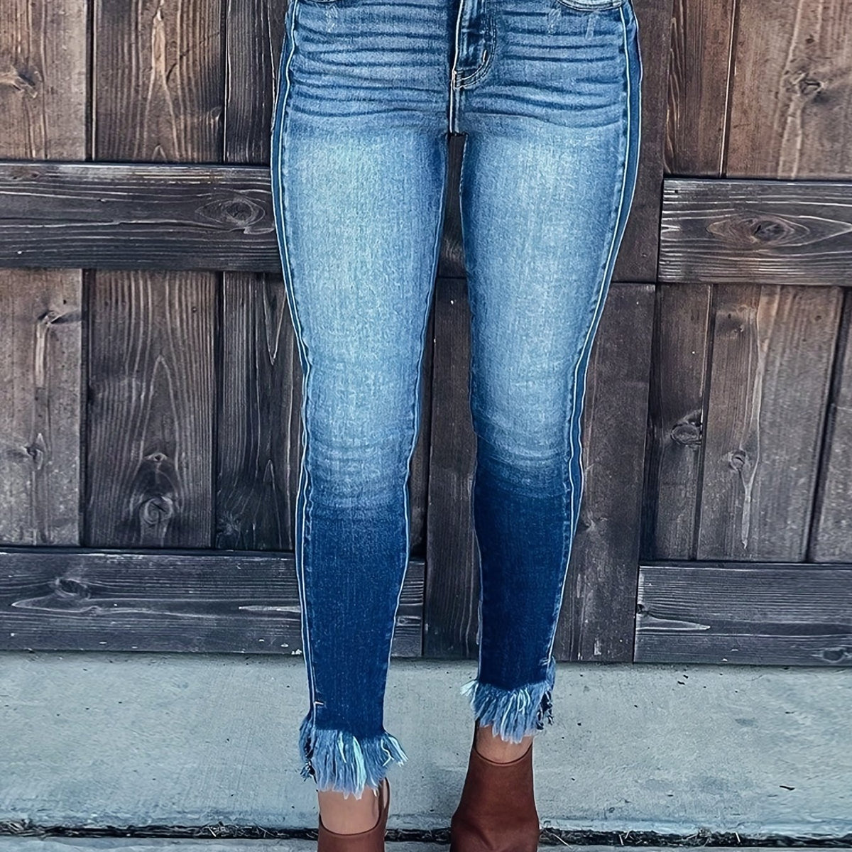  Washed Fringe Trim High Stretch Skinny Jeans