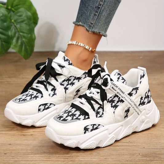 Women's Houndstooth Knit Sneakers Lace Up Low Top Platform Shoes