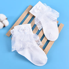 3 Pairs Girls Lace Brim Ruffled Bow Knit Crew Socks