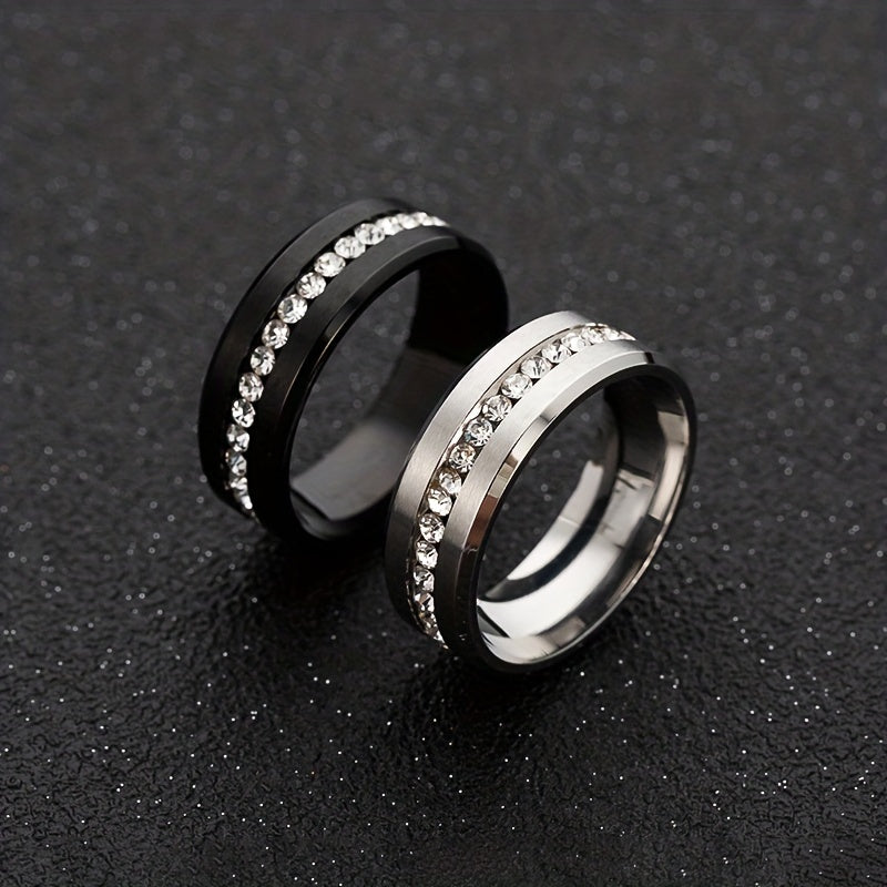 Men's Stainless Steel Single Row Diamond Zircon Ring 8MM
