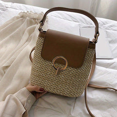 Straw Weaving Crossbody Bag Flap Slouchy Bucket Bag