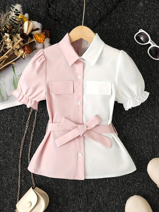 Girls Colorblock Collared Short Sleeve Blouse Tops