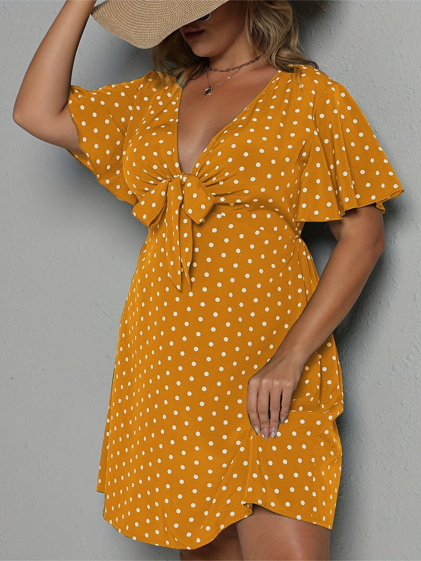  Polka Dot Flutter Sleeve Bow Knot Dress