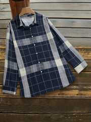  Grid Print Button Up Long Sleeve Blouse