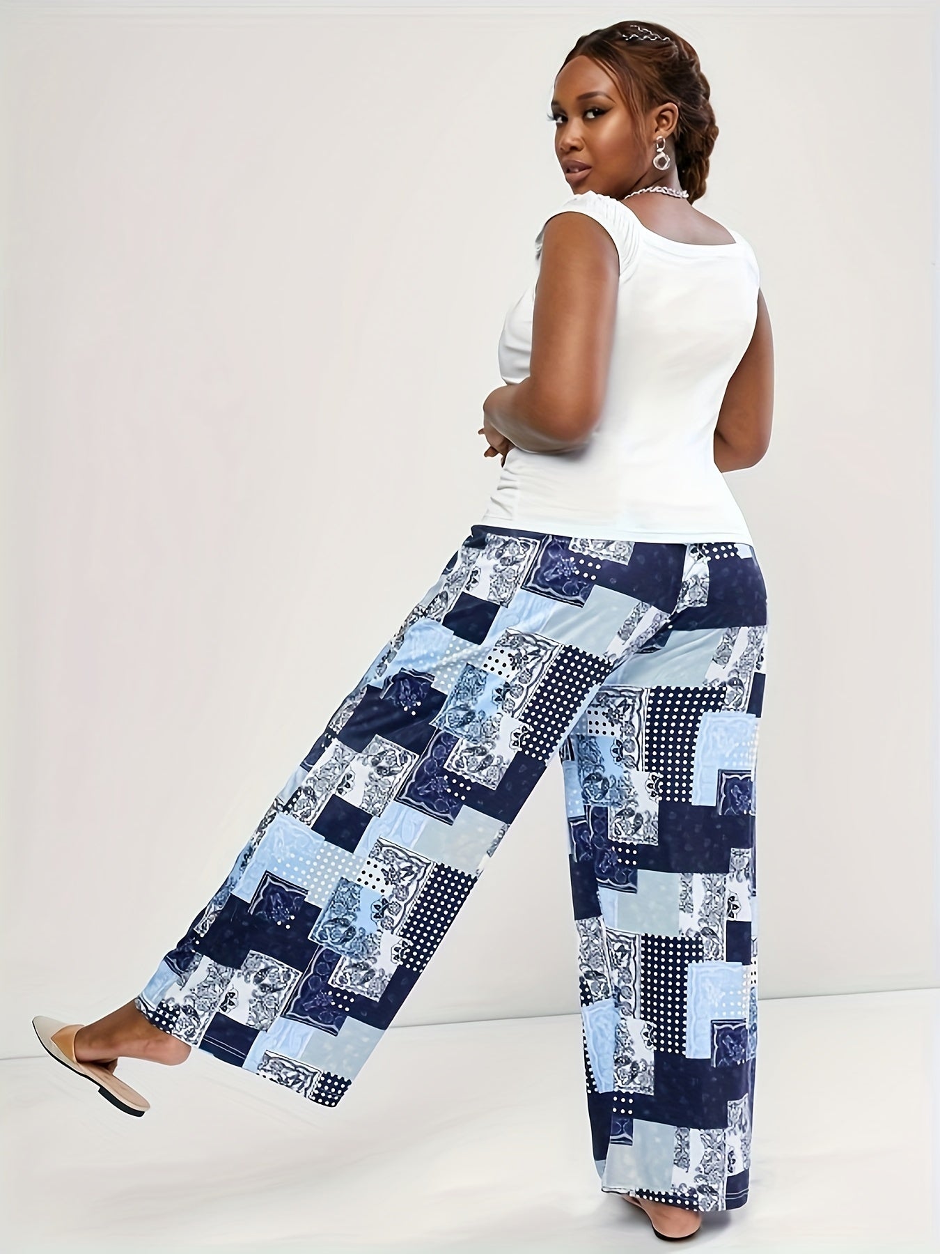  Patchwork Print Elastic High Rise Wide Leg Trousers