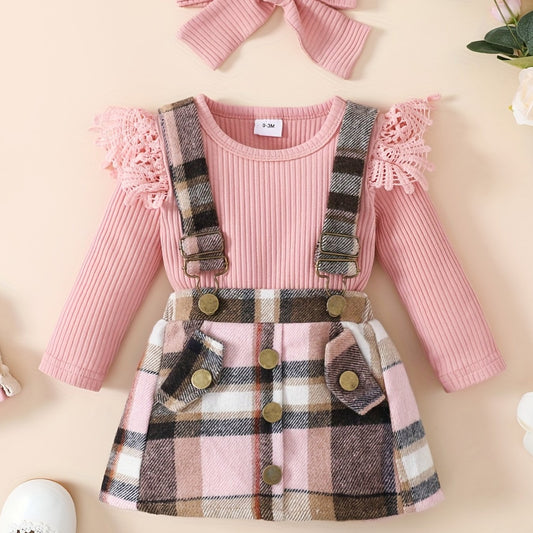 3pcs Baby Girls Long Sleeve Onesie & Plaid Suspender Skirt Set