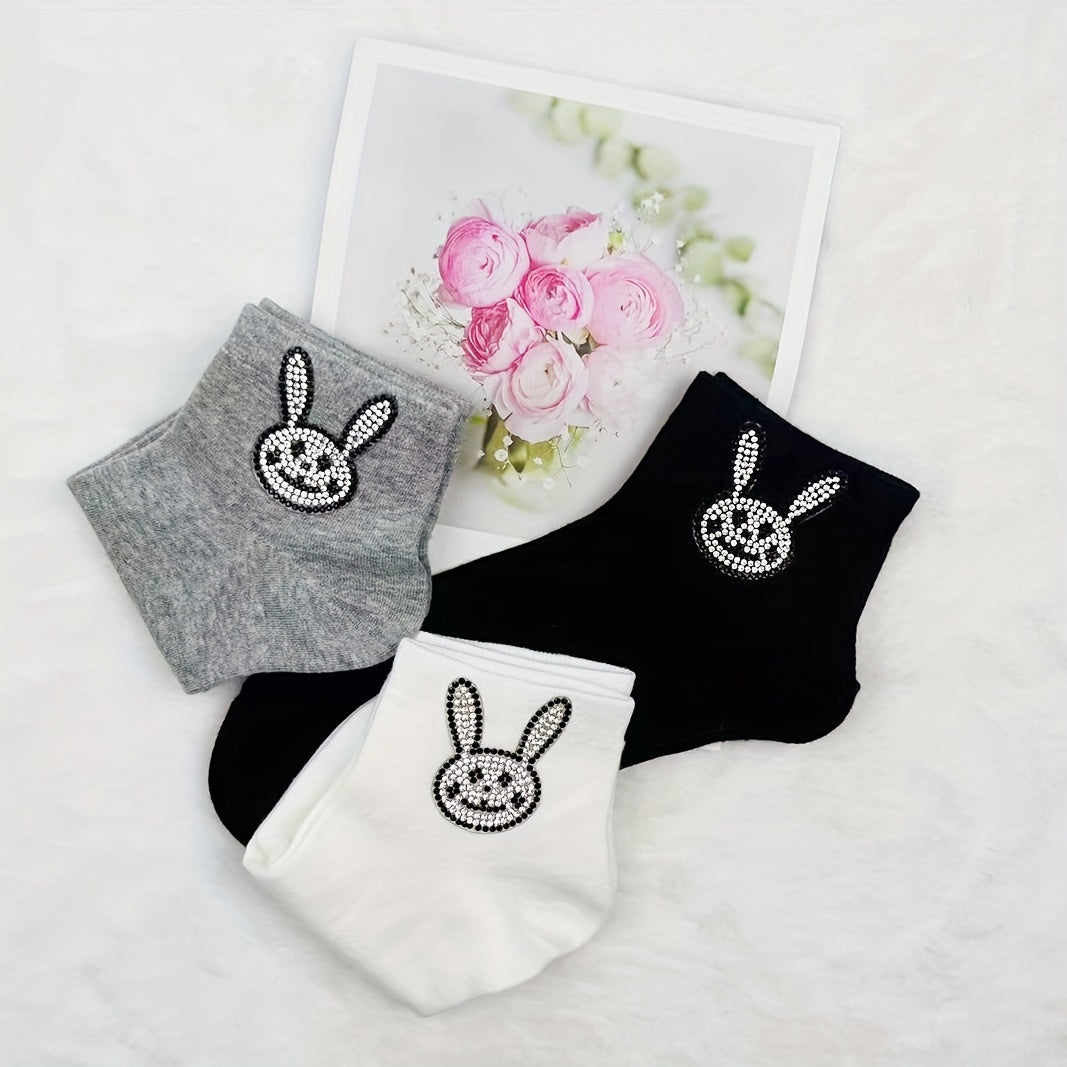 Bunny Rhinestone Socks Crew Short Stockings
