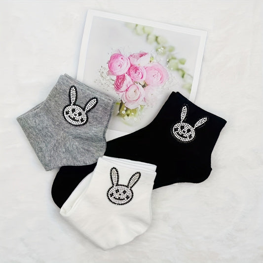 Bunny Rhinestone Socks Crew Short Stockings