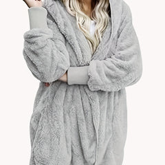 Solid Hooded Fuzzy Coat Long Sleeve Open Front Coat