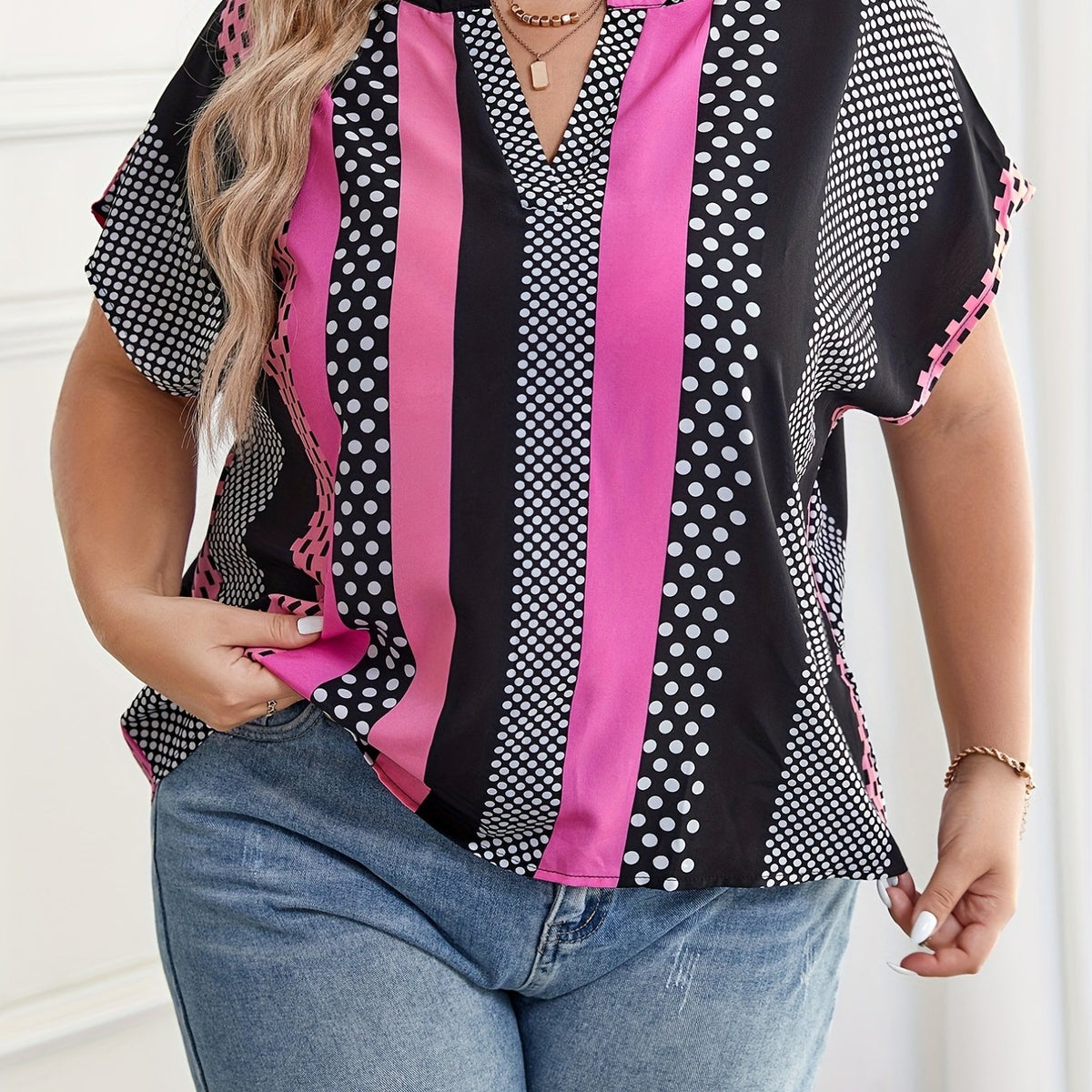 Stripe Print Short Sleeve Stand Neck Blouse